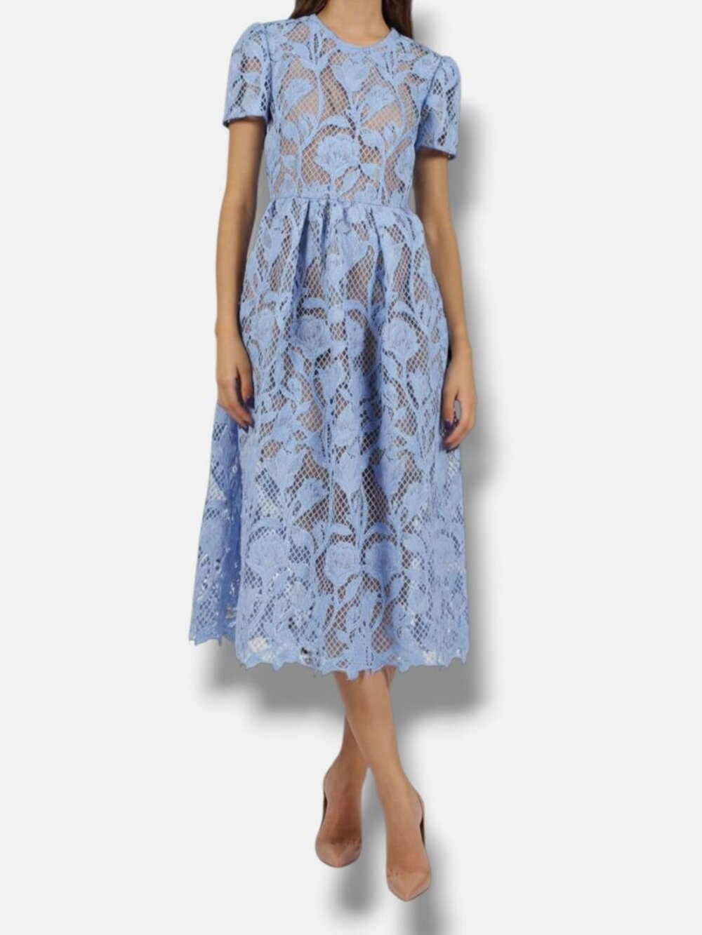 Self-Portrait Women's Blue Lace Floral Applique Summer MIDI Dress Sz 6
